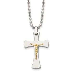 Chisel Stainless Steel 14k Gold Accent Crucifix Charm w 22" Ball Chain Necklace